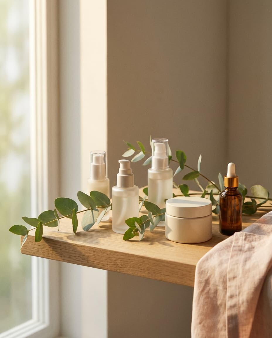 Ausgewählte Pflegeprodukte auf einem Holzregal mit Eukalyptus